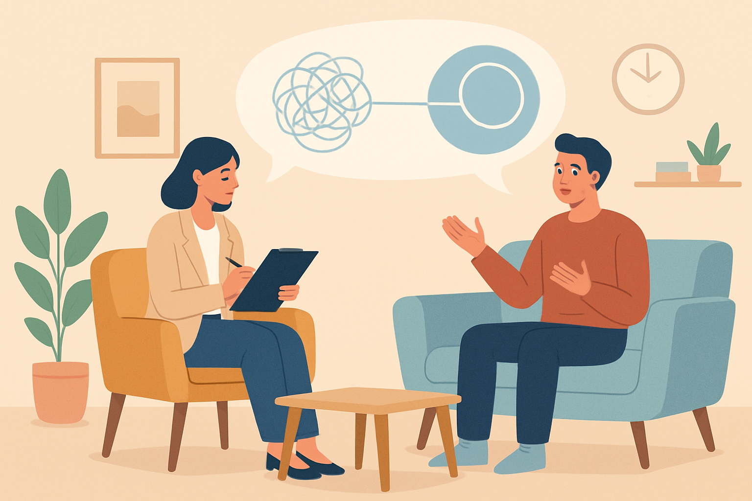 Illustration of a therapist guiding a patient through Exposure and Response Prevention therapy for OCD