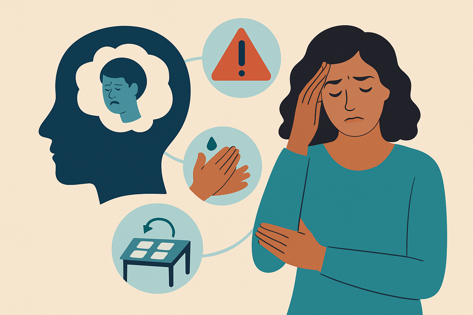 Visual summary depicting typical obsessions and compulsions experienced by individuals with OCD