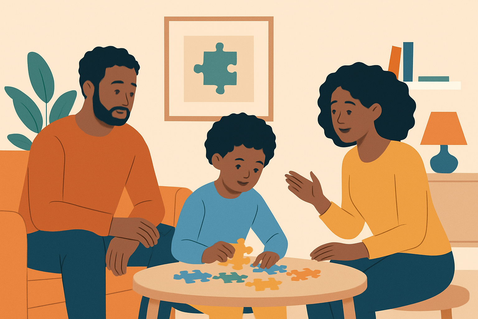 Family supporting an autistic child through engaging and nurturing activities at home