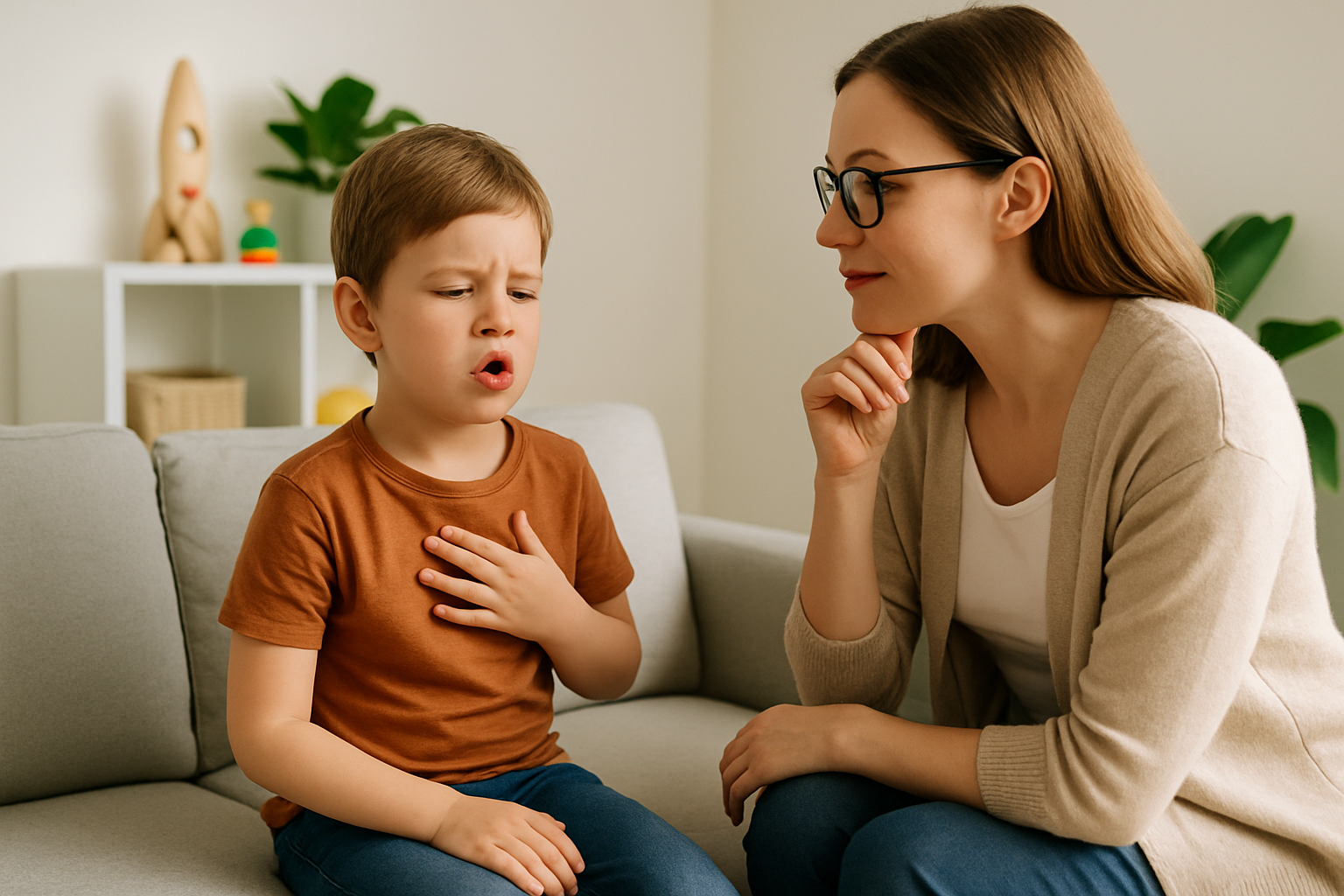 A child working with a speech therapist to address childhood onset fluency disorder in a supportive clinical setting
