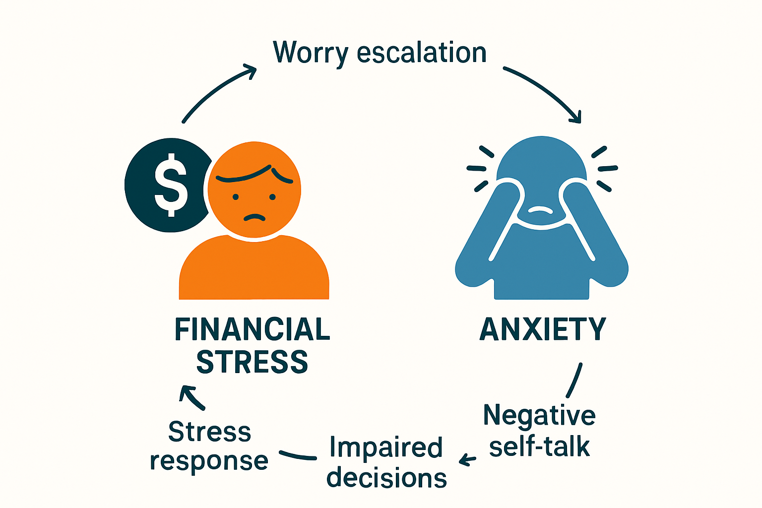 A diagram illustrating the cyclical nature of financial stress feeding anxiety, highlighting key contributing factors and behaviors.