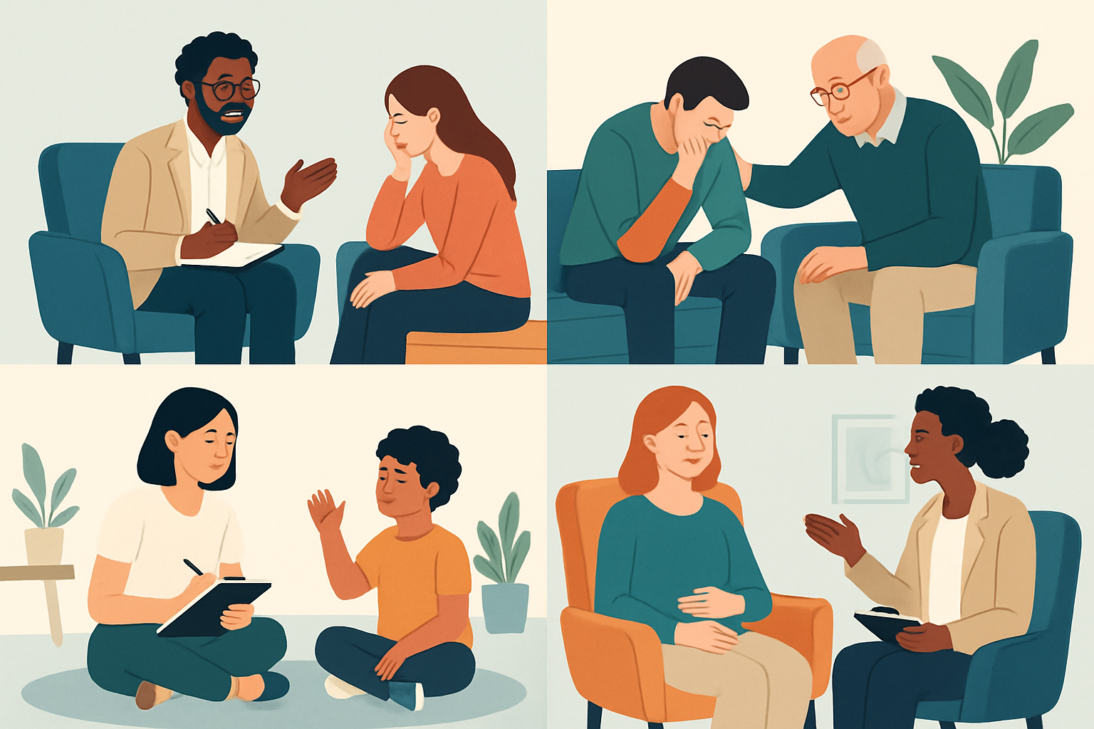 Therapists using different approaches to support clients with mental health challenges.