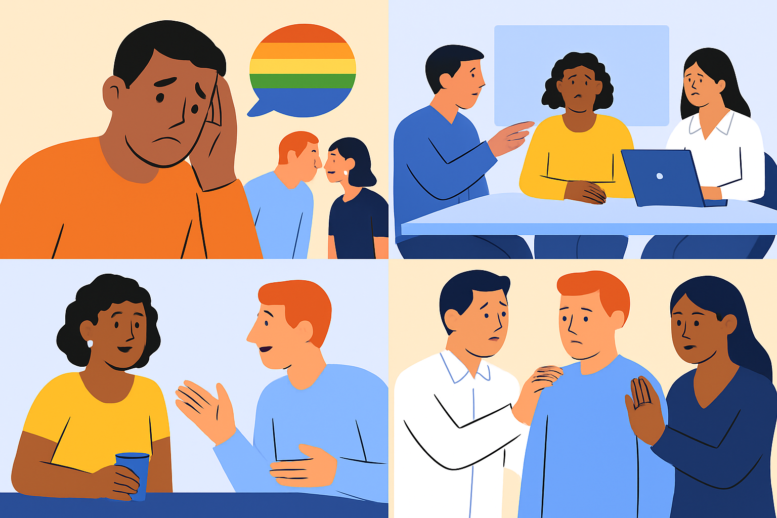 Illustration depicting everyday examples of homophobic behavior and reactions to create visual understanding