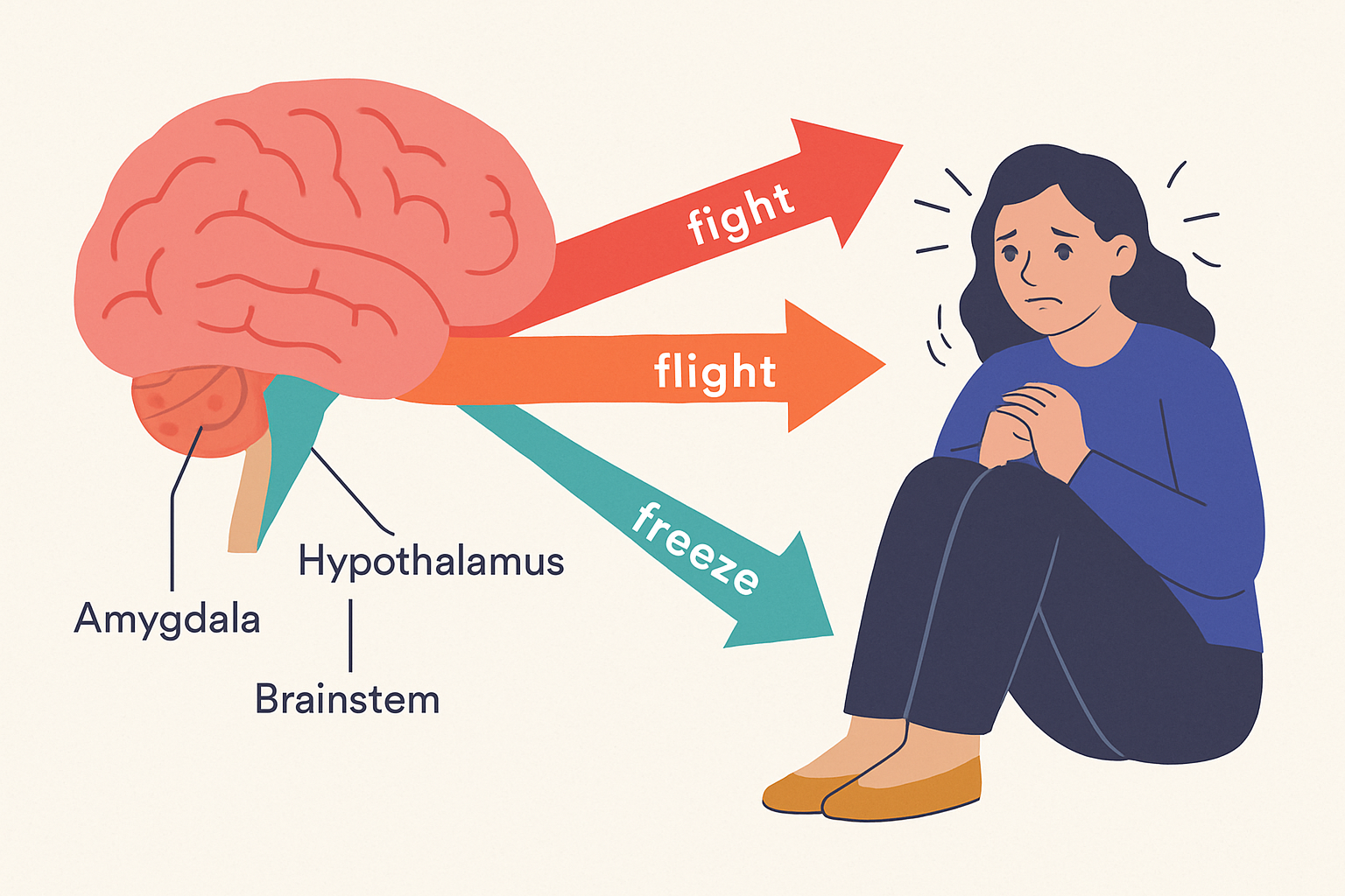 Illustration of the fight, flight, or freeze response and brain areas activated during anxiety paralysis