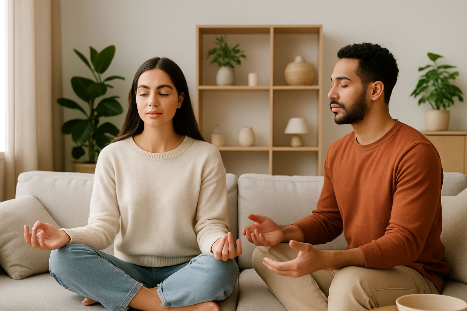 Couple practicing mindfulness and open communication to reduce overthinking in their relationship