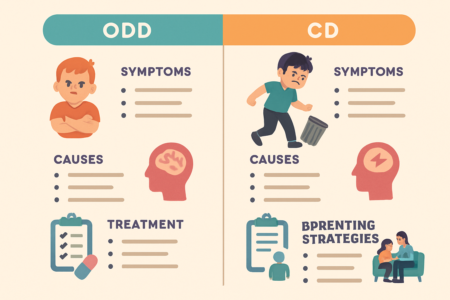 Visual infographic summarizing differences and management tips for ODD and Conduct Disorder