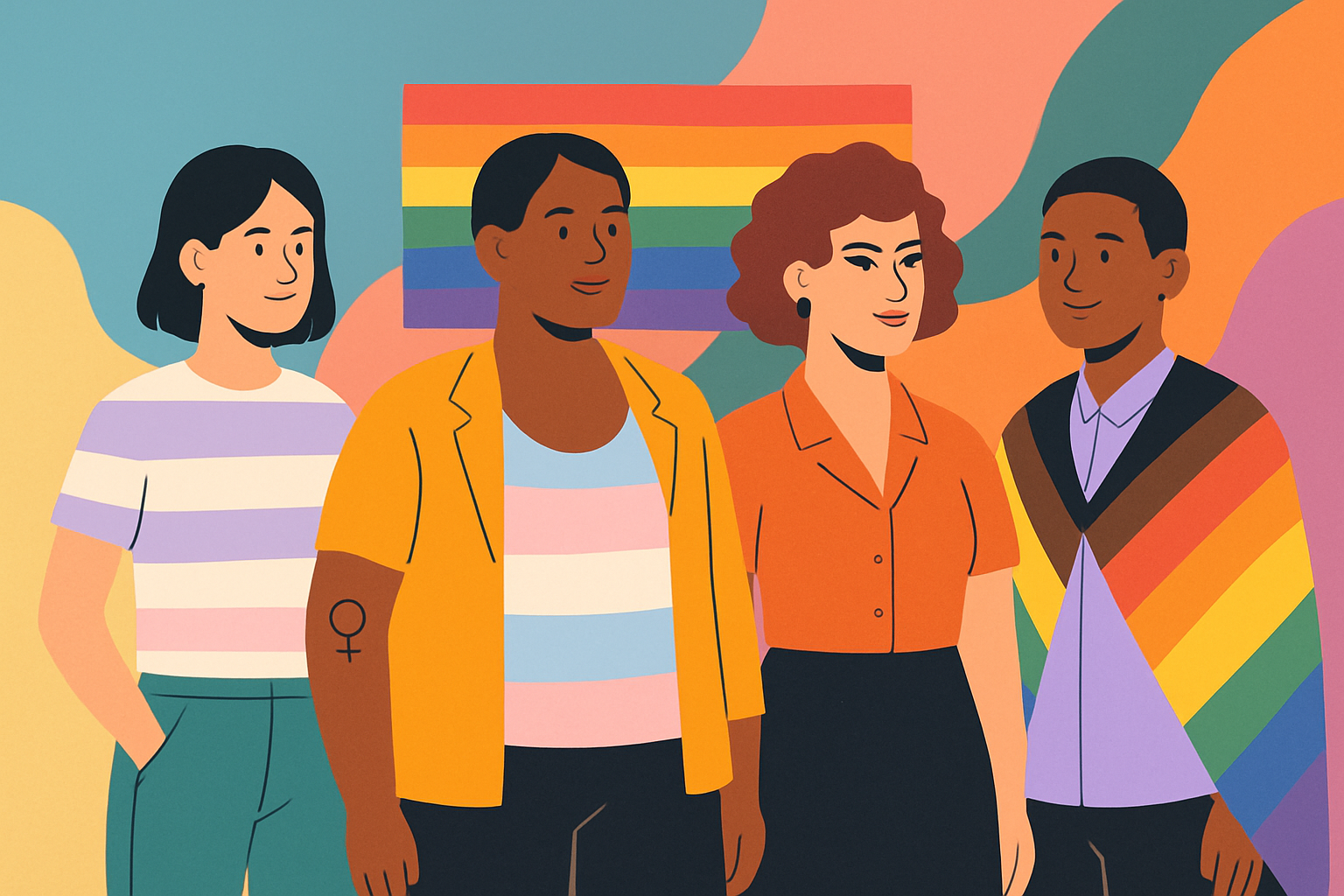 People expressing diverse gender identities through their appearance and style in a warm, welcoming environment