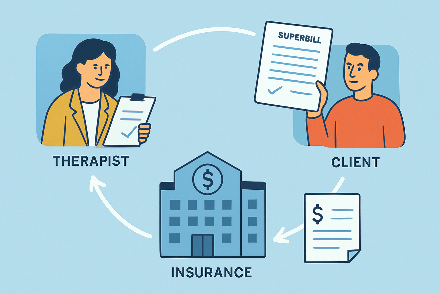 Diagram illustrating the flow of a superbill from therapist creation to client submission and insurance claim processing
