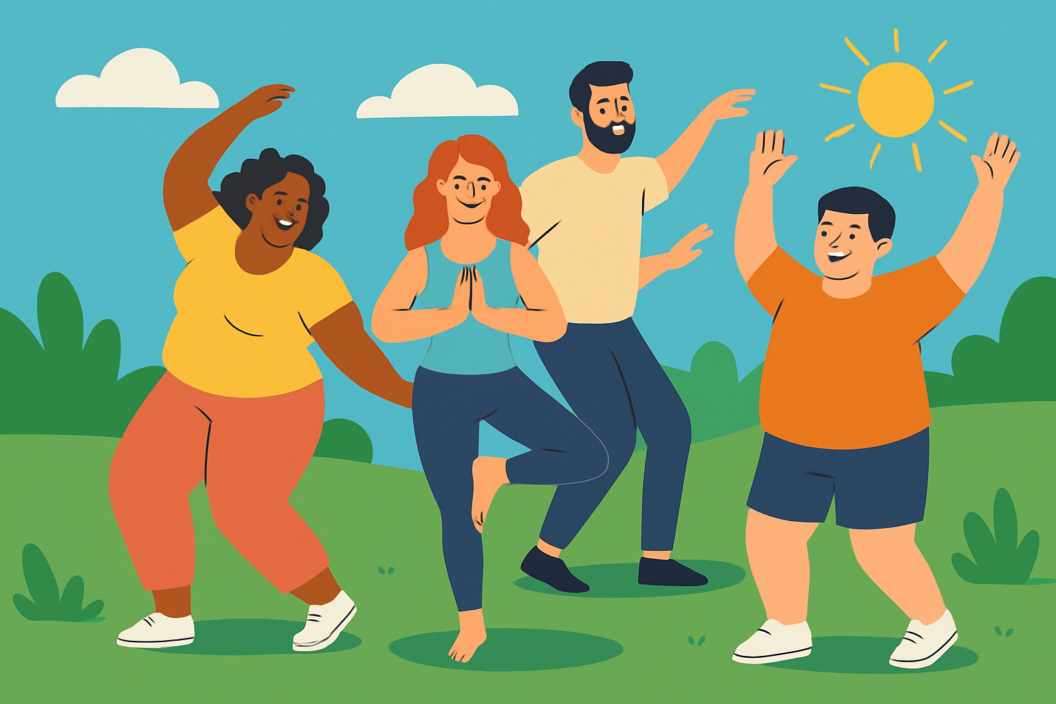 A diverse group of people enjoying activities that promote positive body image and mental well-being.