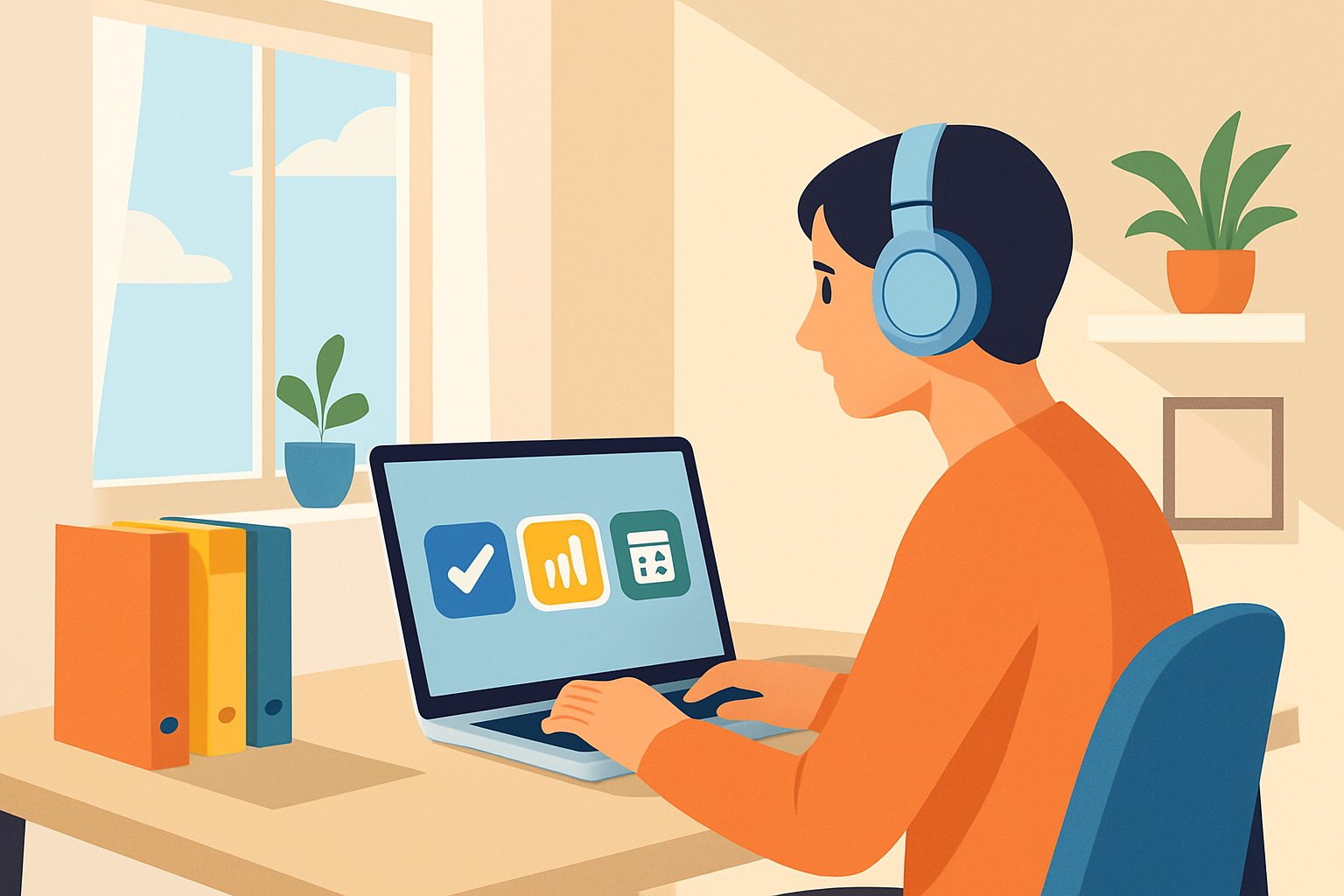 A focused work environment optimized for ADHD featuring ergonomic and minimalist elements, natural lighting, and supportive technology.