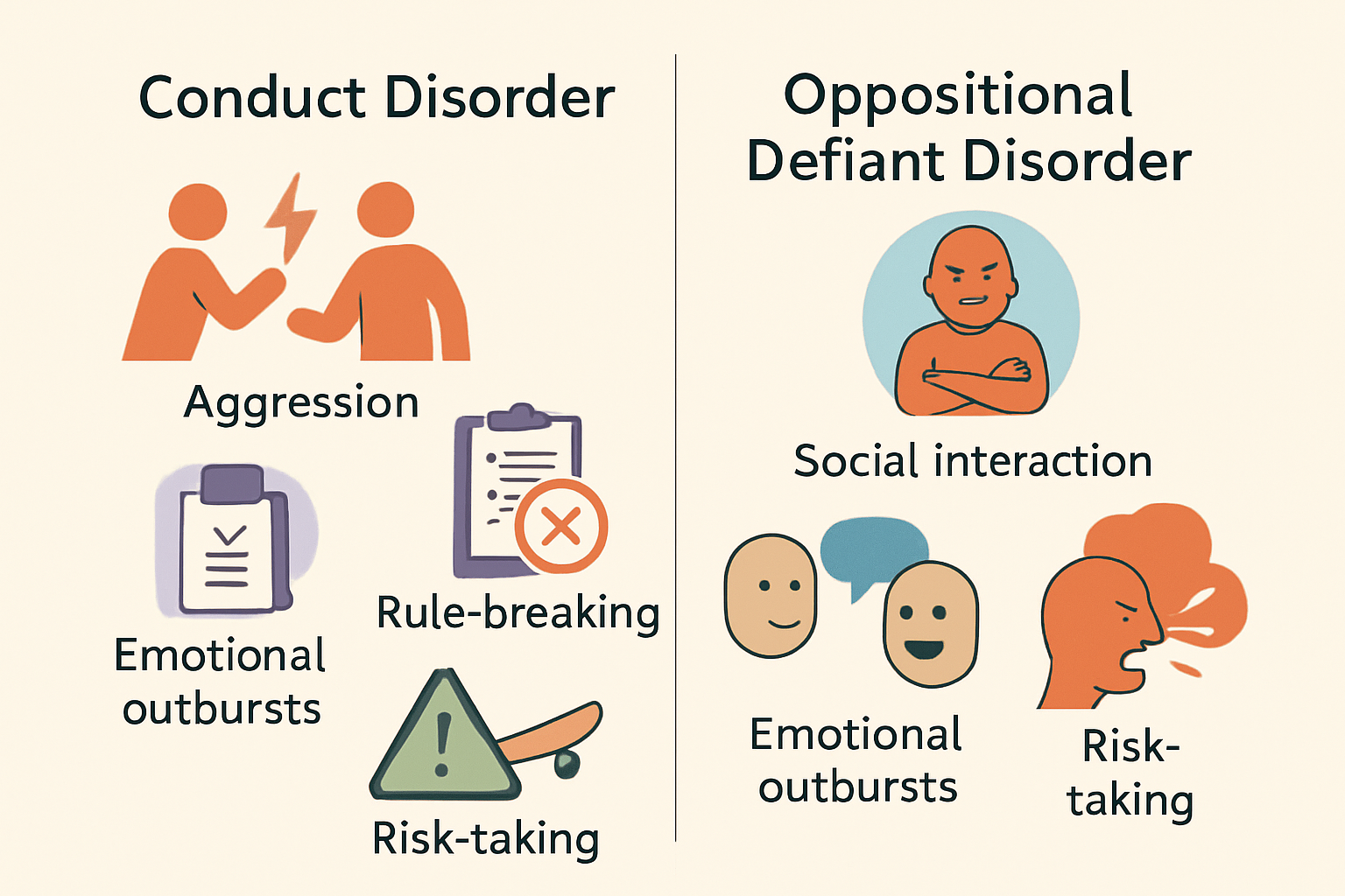 Infographic illustrating common behavioral traits and how they differ between Conduct Disorder and Oppositional Defiant Disorder
