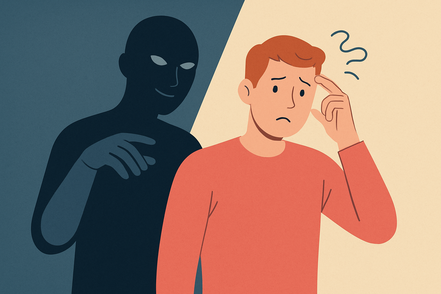 Illustration showing a covert narcissist manipulating a confused individual through subtle emotional control