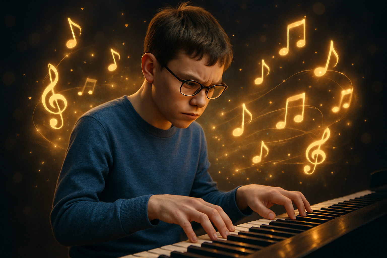 A young autistic savant demonstrating exceptional musical talent by playing piano with intense concentration.