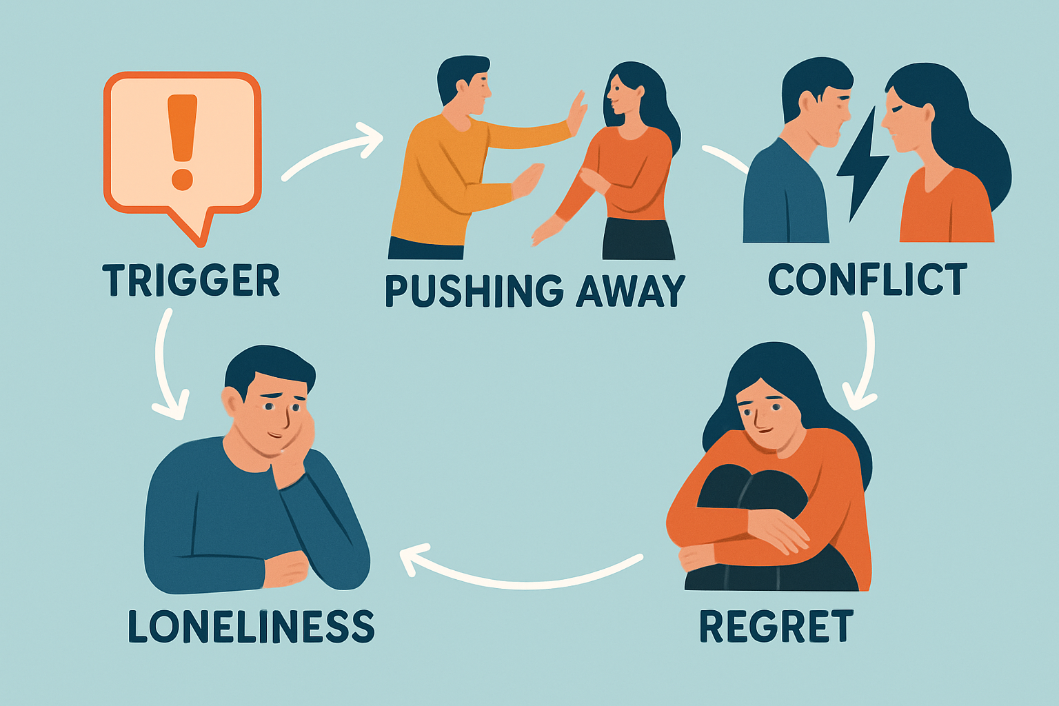 Illustration depicting the cycle of self-sabotage with triggers, behaviors, and emotional consequences