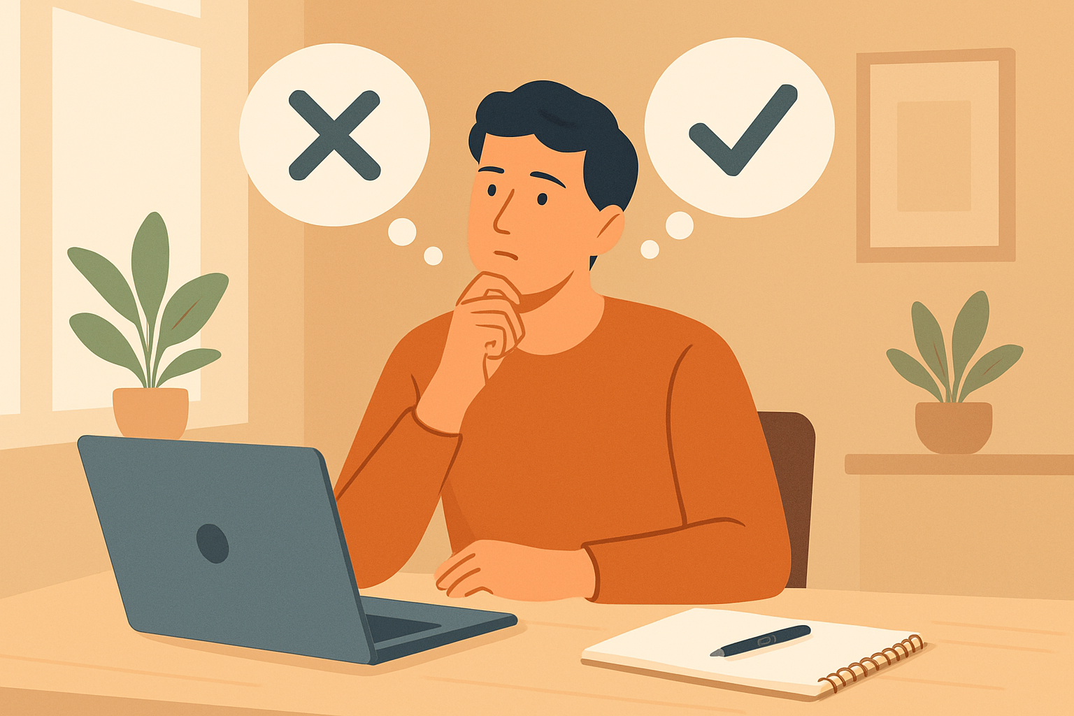 Person reflecting thoughtfully on whether to pursue therapy, surrounded by notes and digital tools.