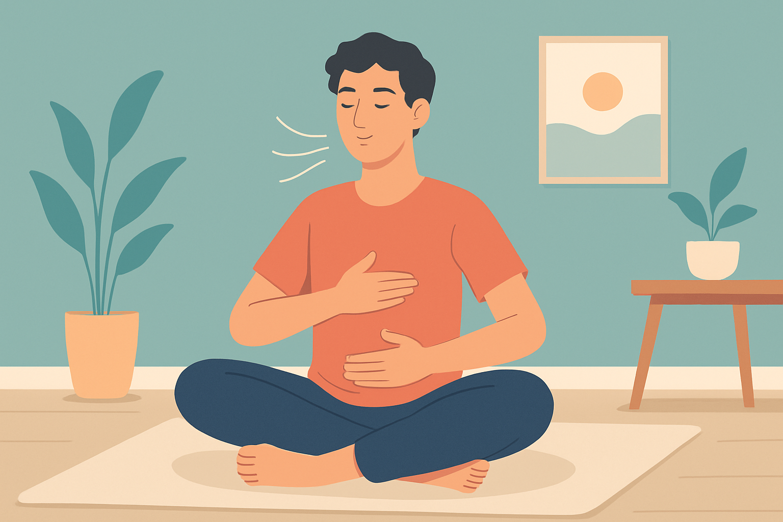 A person demonstrating deep breathing and progressive muscle relaxation to calm anger