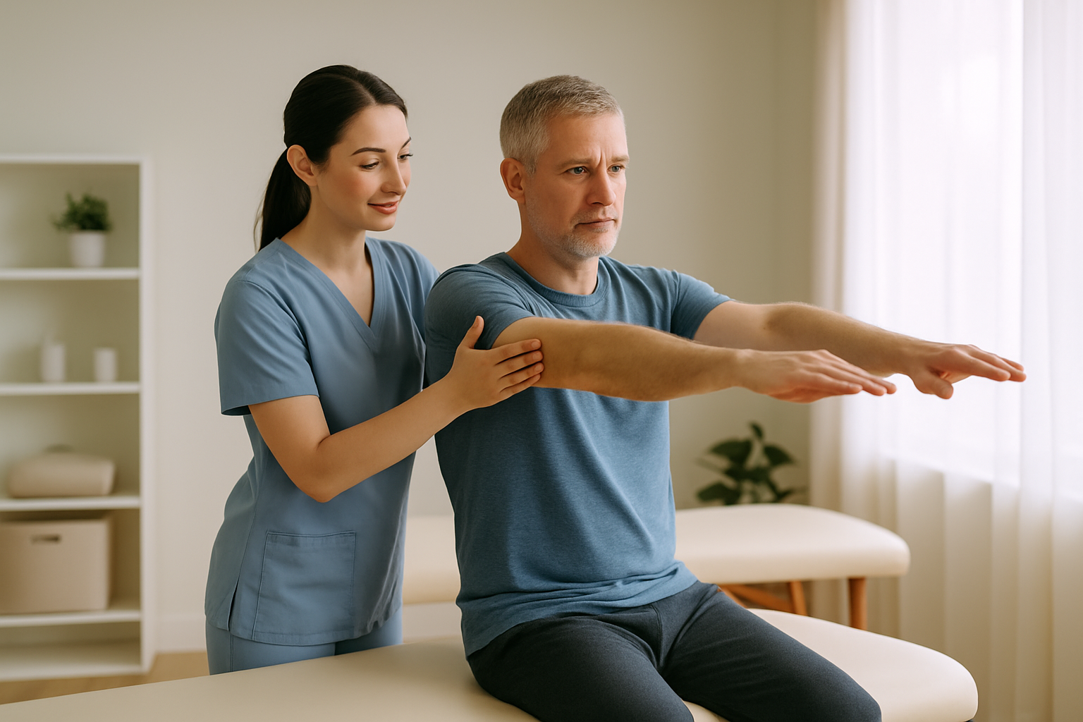 Physical therapist guiding a patient through exercises to manage chronic pain
