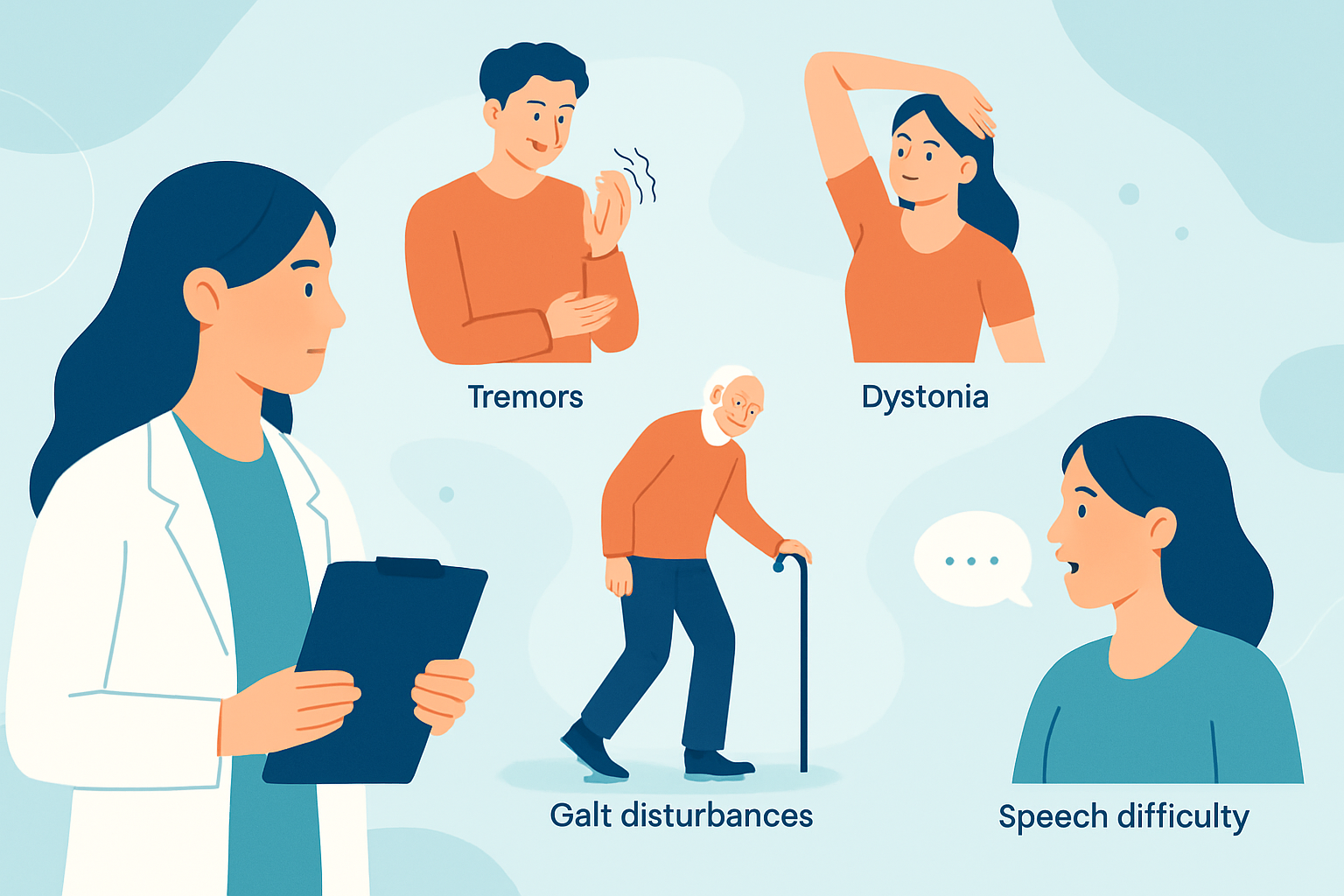 Illustration depicting different types of movements and symptoms seen in Functional Movement Disorder