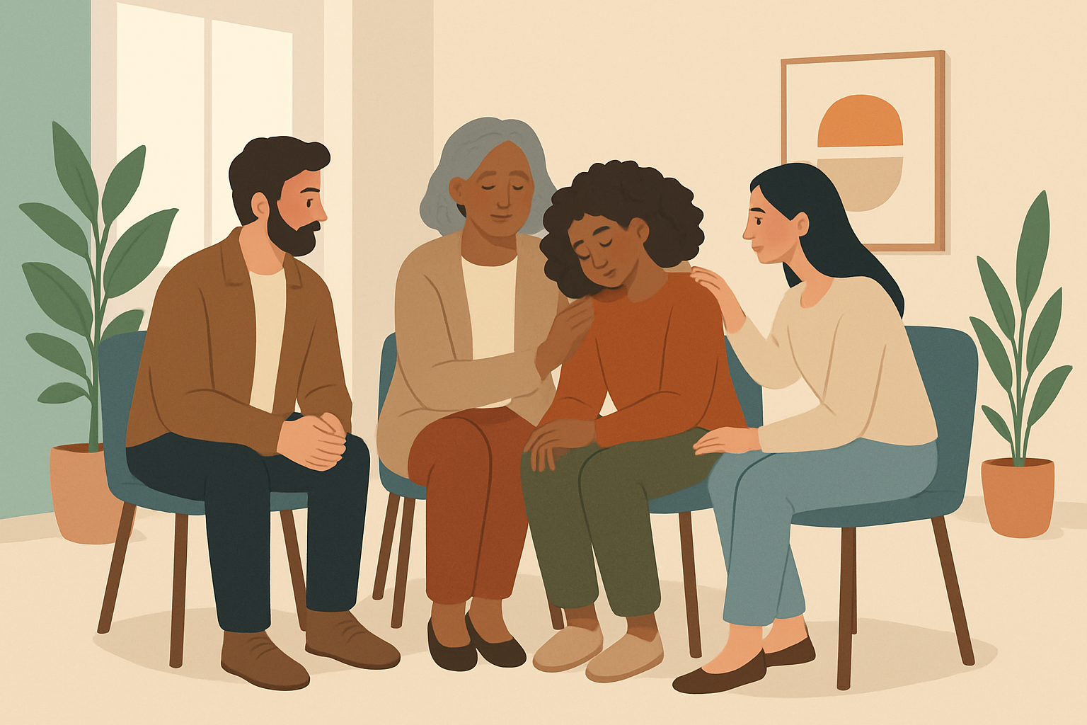 A diverse group therapy session illustrating collective healing from generational trauma in a supportive environment.