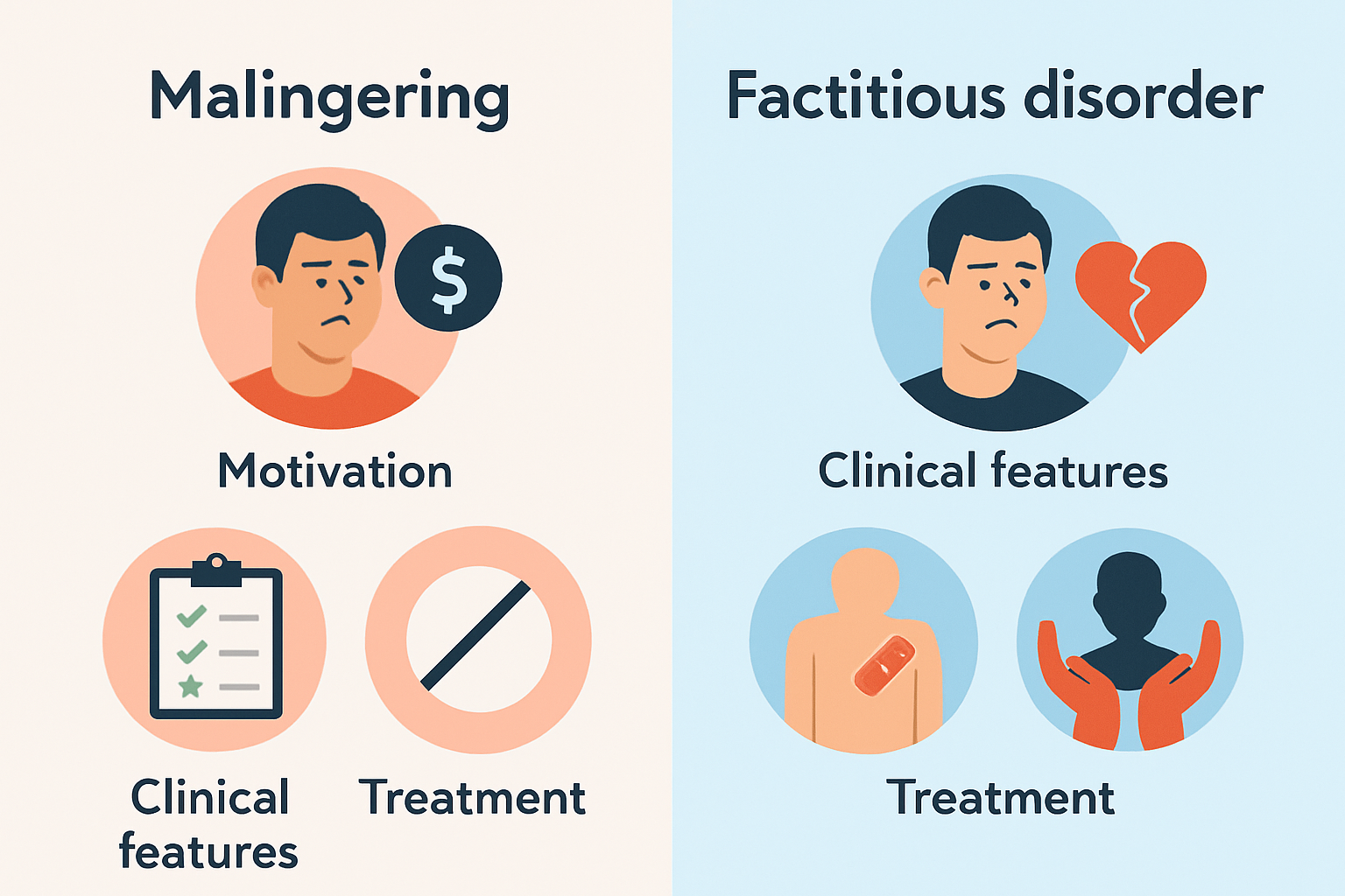 Illustration or infographic highlighting key differences between malingering and factitious disorder focusing on motivation and clinical features