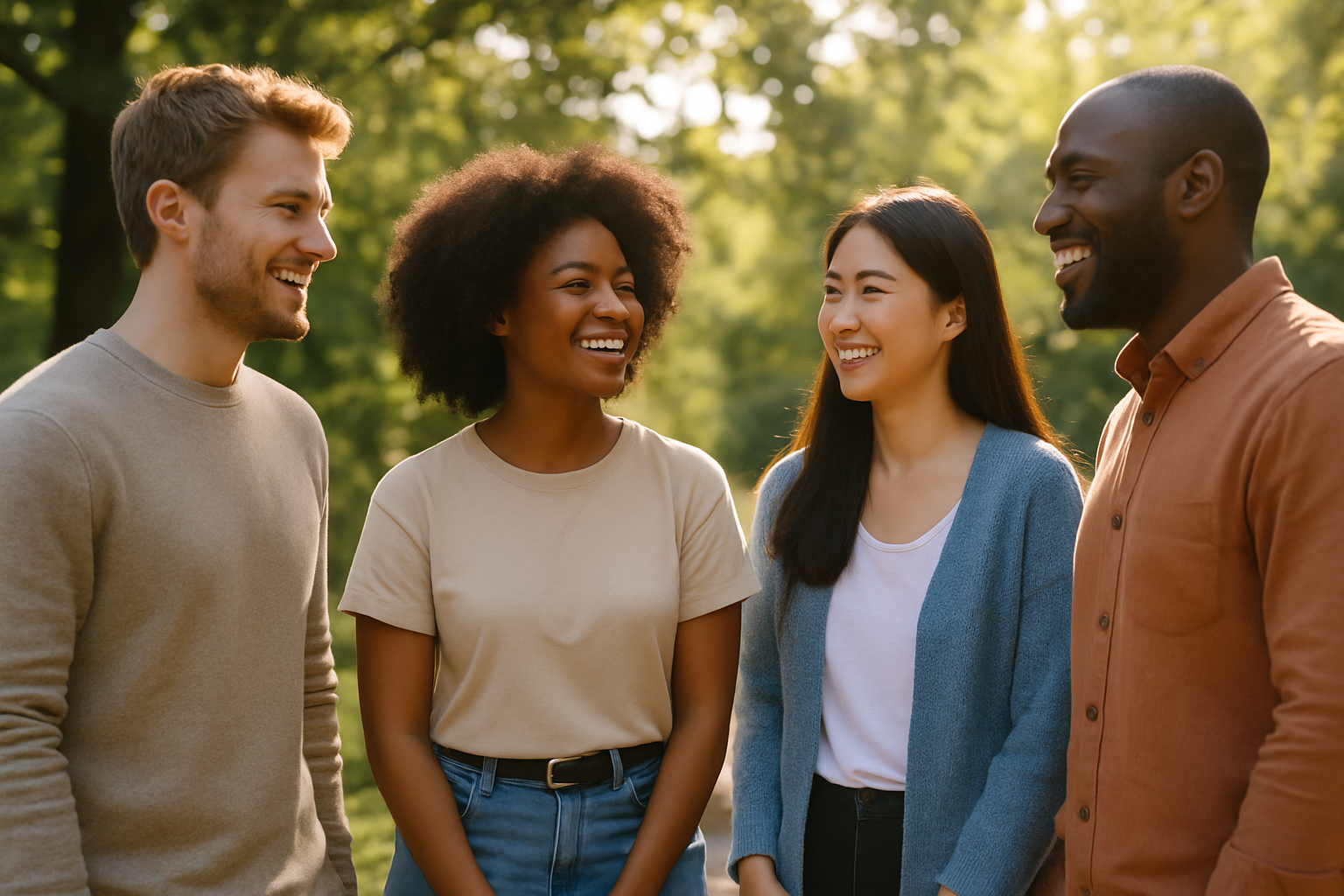 A welcoming small social group engaging in supportive conversation to illustrate safe, gradual socialization.