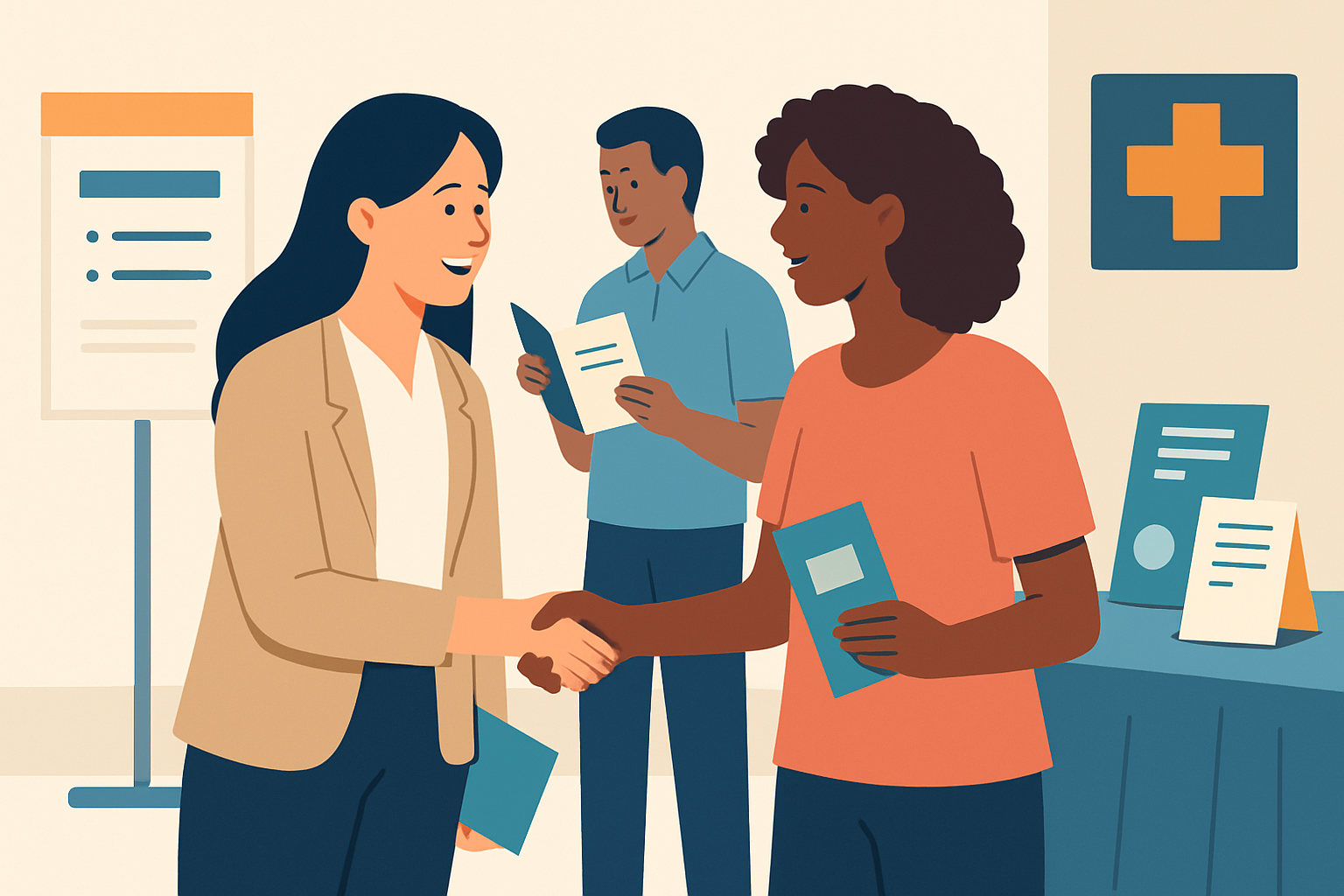 Therapist engaging with community members at a local health fair, building professional connections.