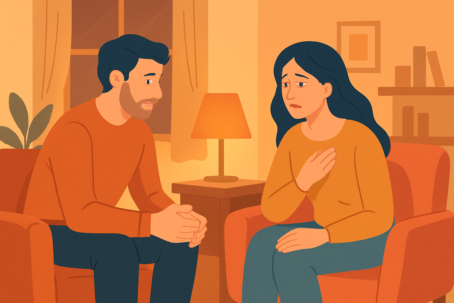 Two people deeply engaging in an emotionally available conversation, highlighting connection and empathy.