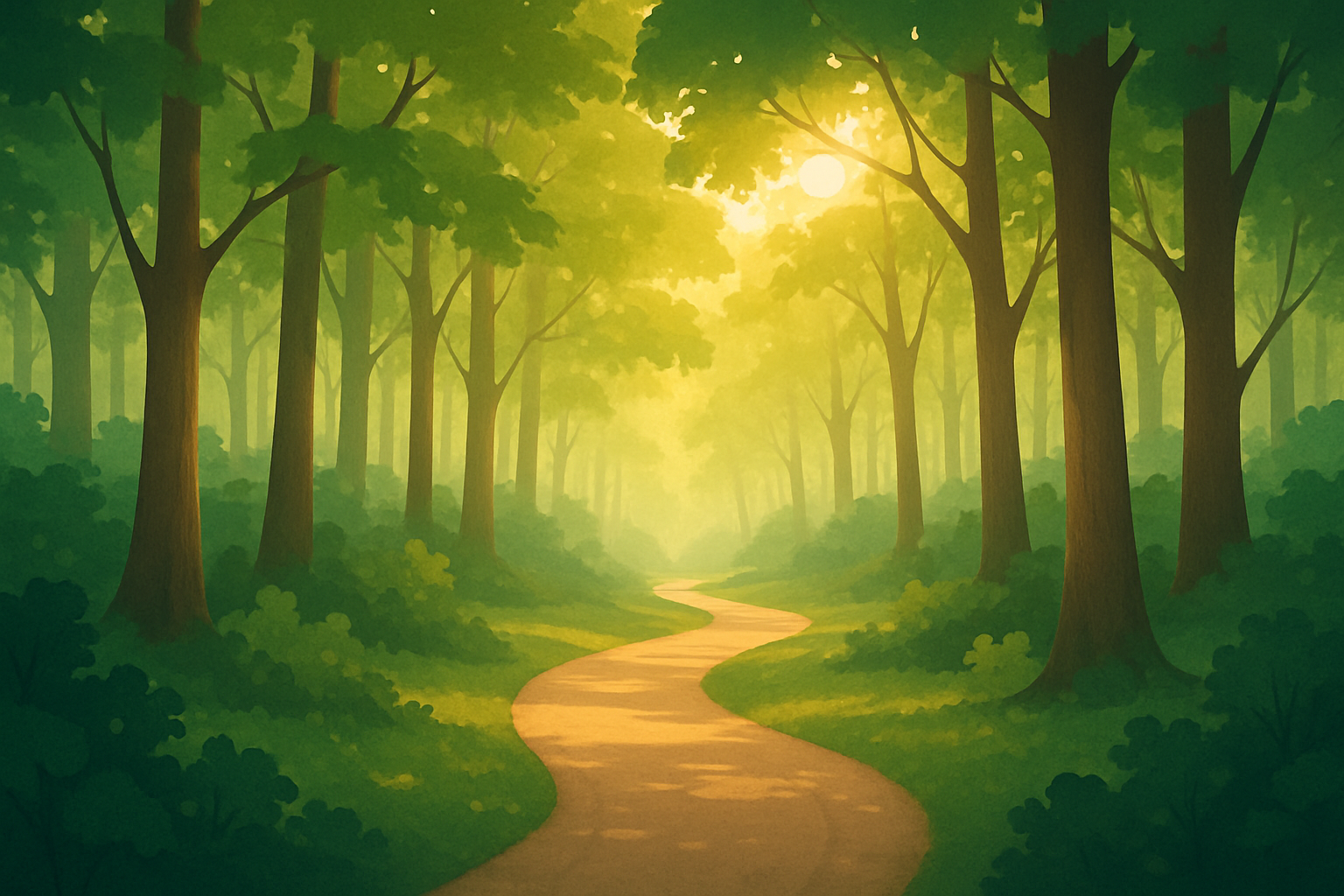 A tranquil forest path representing the journey through the 6 stages of grief toward healing and acceptance.
