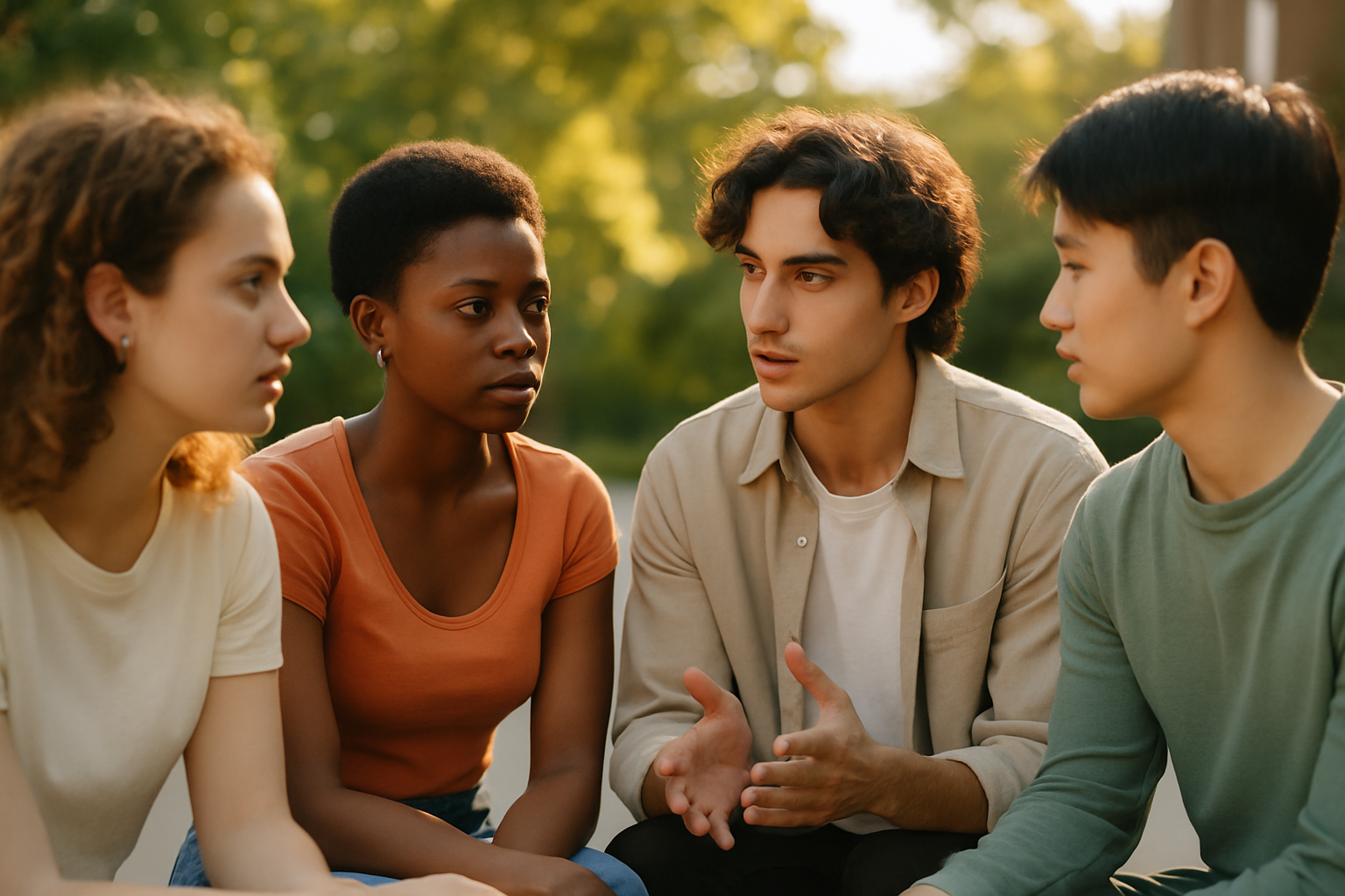 A diverse group of young adults discussing and exploring their identities together, symbolizing the journey of identity exploration.