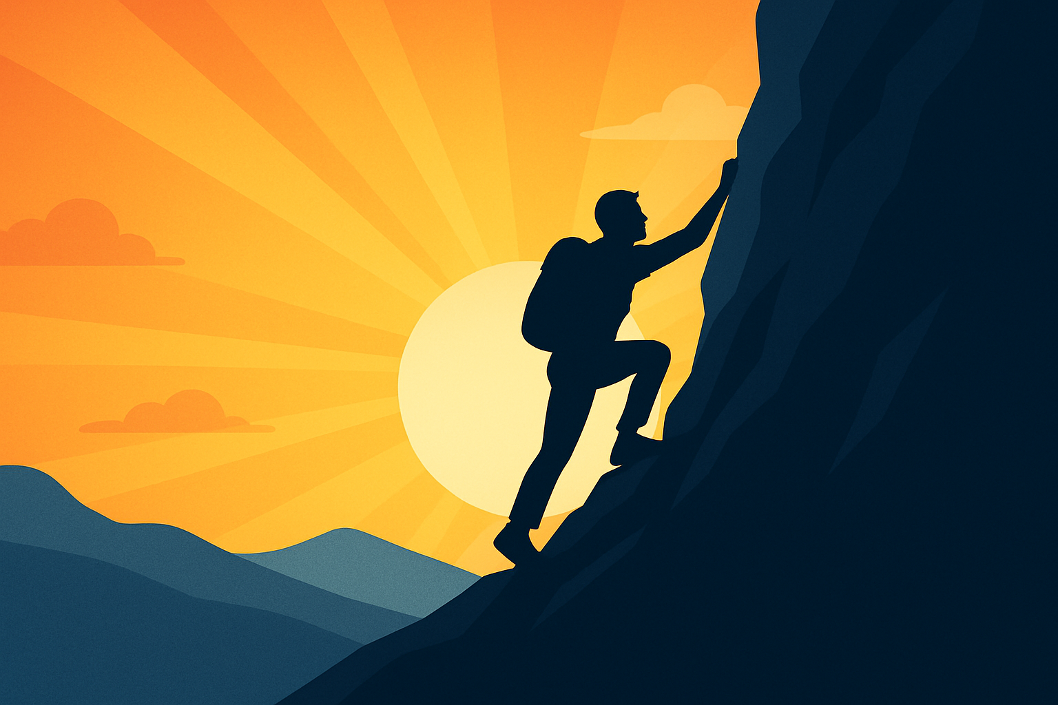 Illustration of an individual ascending a daunting mountain path, symbolizing the journey of believing in oneself during tough times.