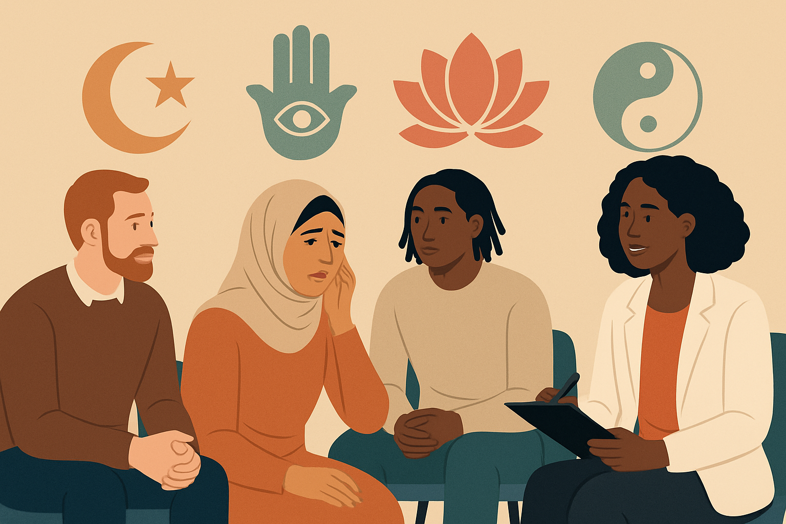 Visual representation of the intersection between culture and therapy showing diverse clients and culturally informed therapeutic practices