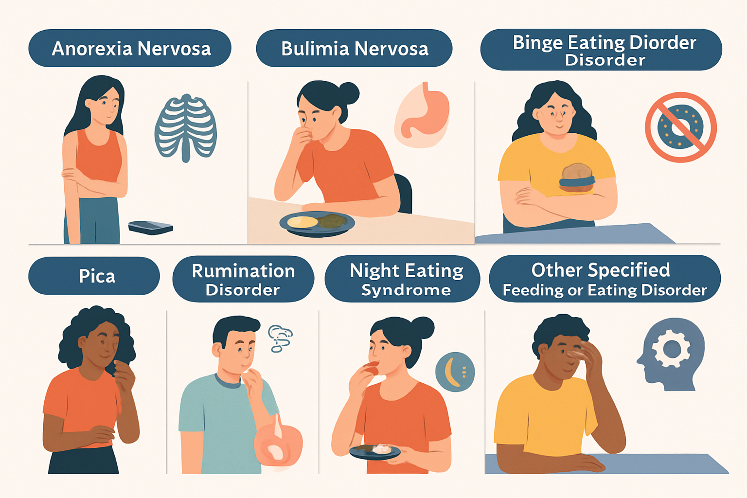 Infographic illustrating the characteristics and distinctions of eight different types of eating disorders.