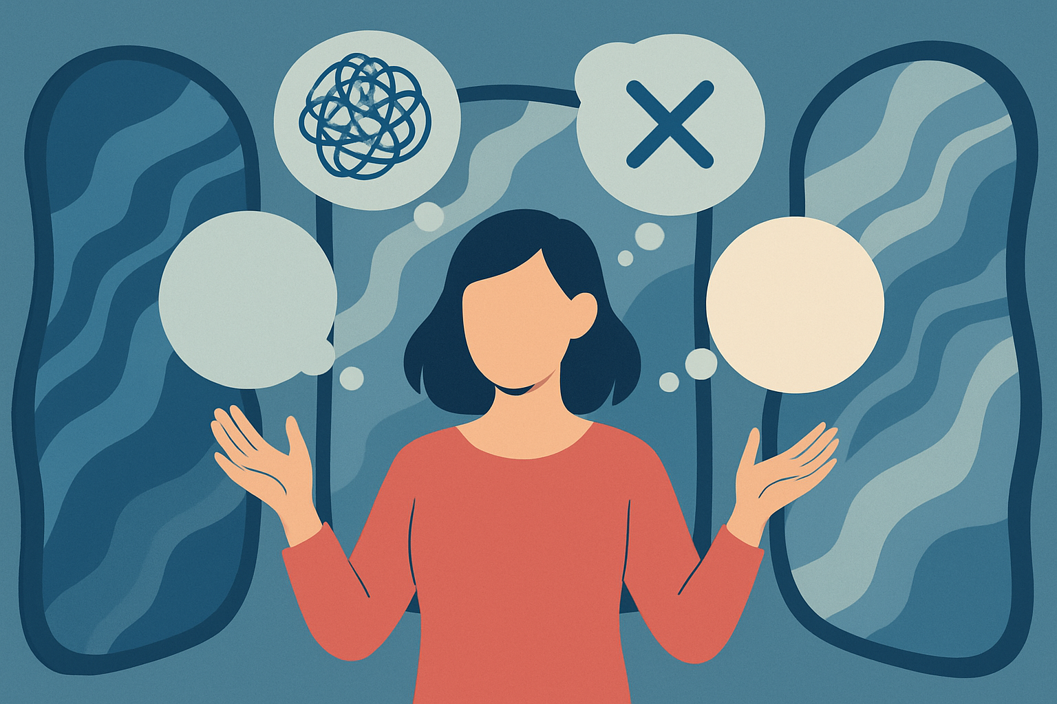 Illustration of mental gymnastics depicting complex and twisting thought processes used to avoid harsh truths