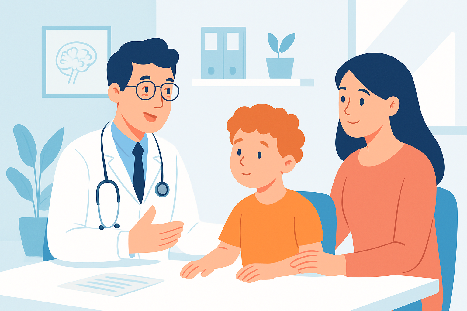 A pediatrician consulting with a child and parent during an ADHD evaluation.