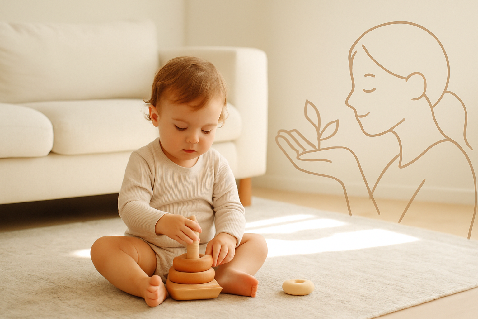 A serene toddler engaged in safe play within a supportive home setting, symbolizing comfort and understanding in managing gratification disorder.