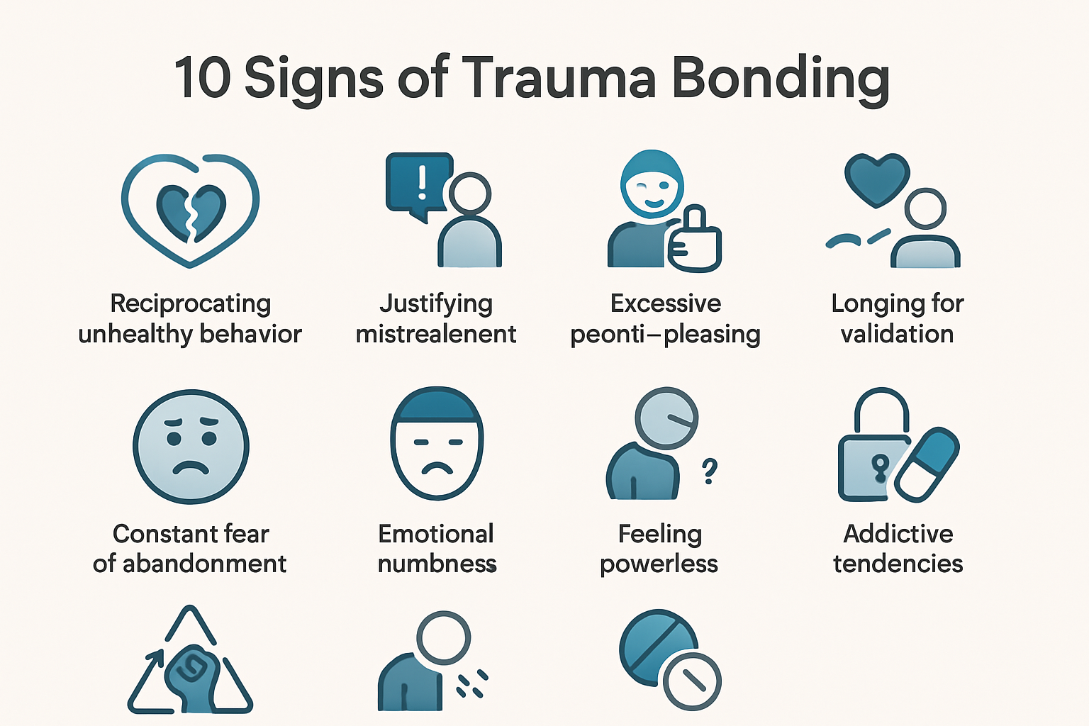 Visual depiction or infographic summarizing the 10 signs of trauma bonding for easy recall.