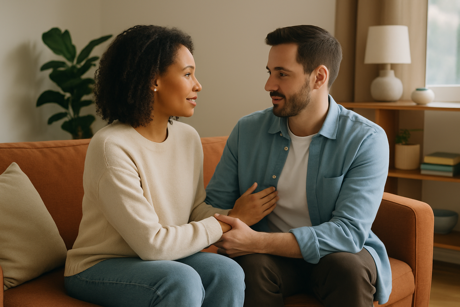 Couple rebuilding trust through open and sincere communication.