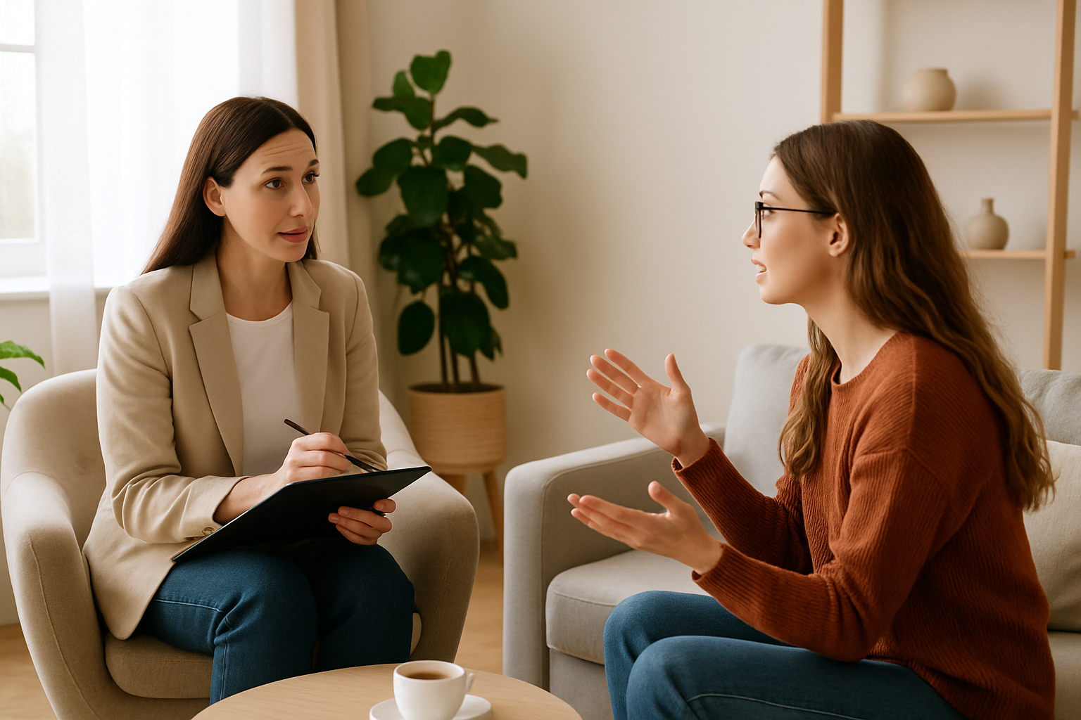 Therapist and client engaging in a transparent discussion about therapy expectations during the first session.