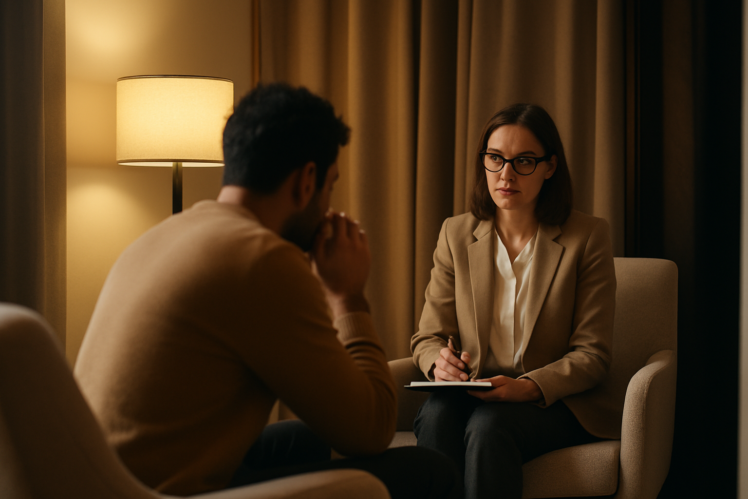 Therapist and patient engaged in a confidential therapy session illustrating privacy and trust
