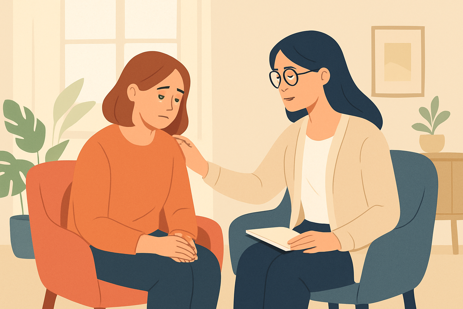 Therapist and patient in a supportive environment working together on mental health recovery.