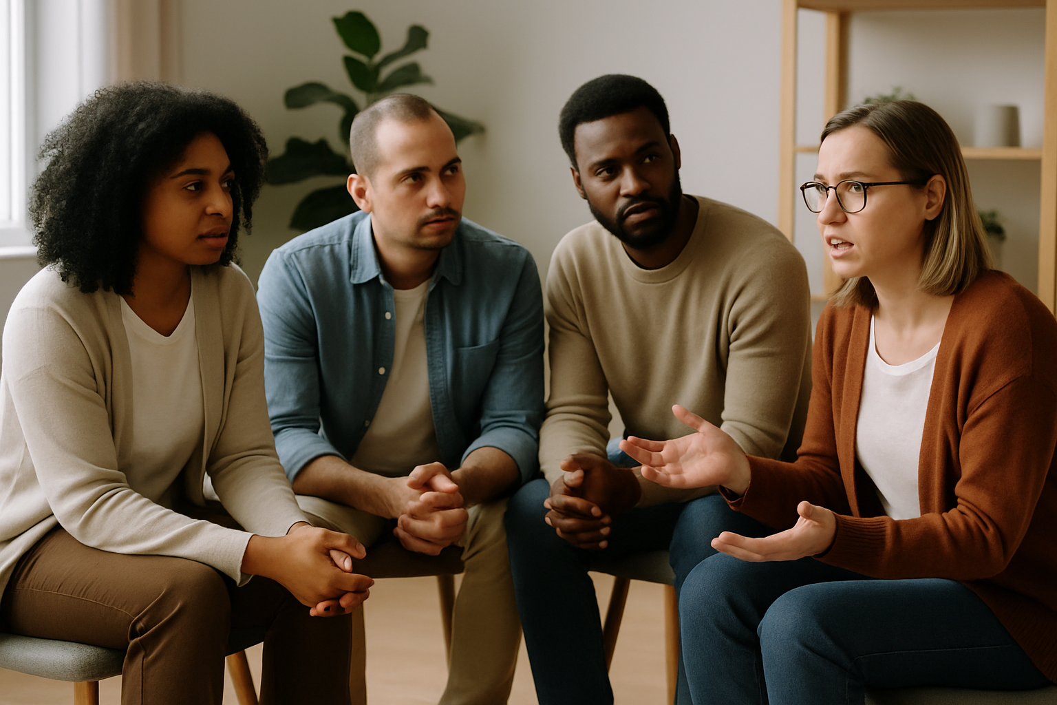 A diverse group participating actively in a facilitated group therapy session.