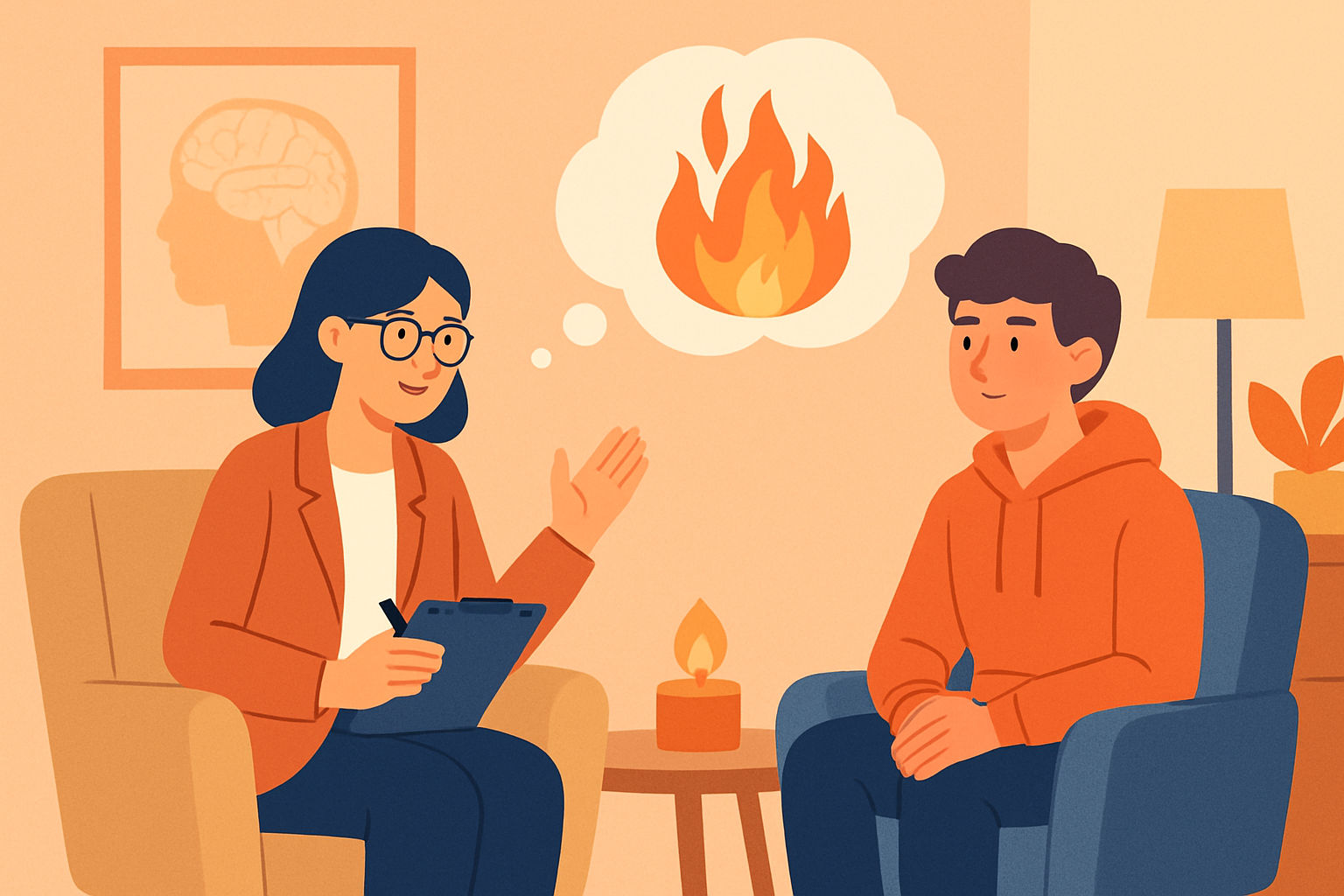 Therapist working with a young person coping with obsession with fire in a supportive environment