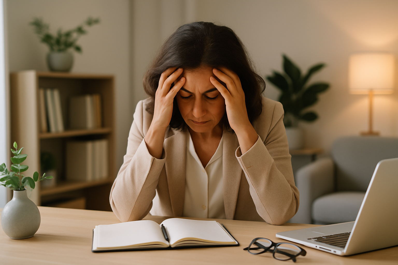 A therapist experiencing signs of burnout, illustrating emotional exhaustion in a clinical environment.