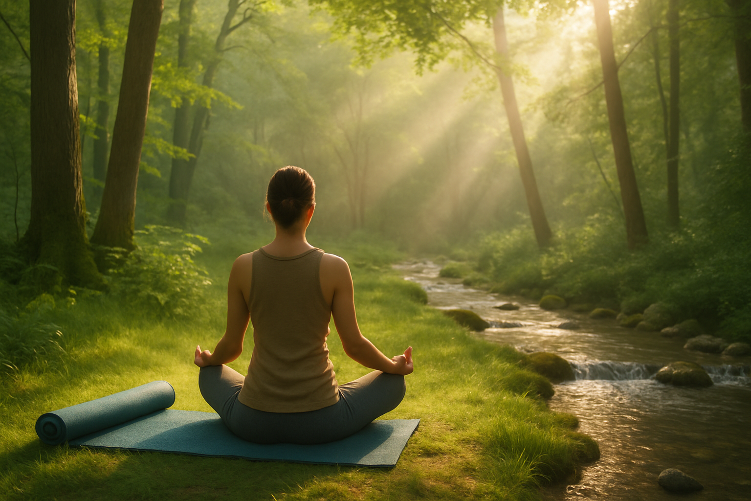 A serene scene showing meditation in nature, illustrating the calming benefits of mindfulness and outdoor relaxation.