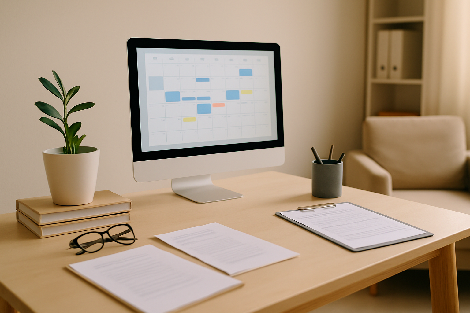 A well-organized therapist office featuring a clean desk, digital scheduling tools, and an inviting, calm atmosphere