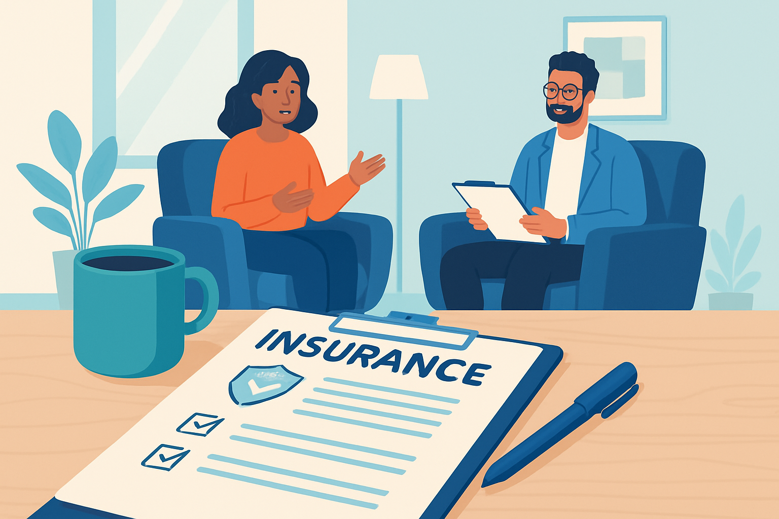 Therapist consulting with a client in a welcoming office, with insurance paperwork visible