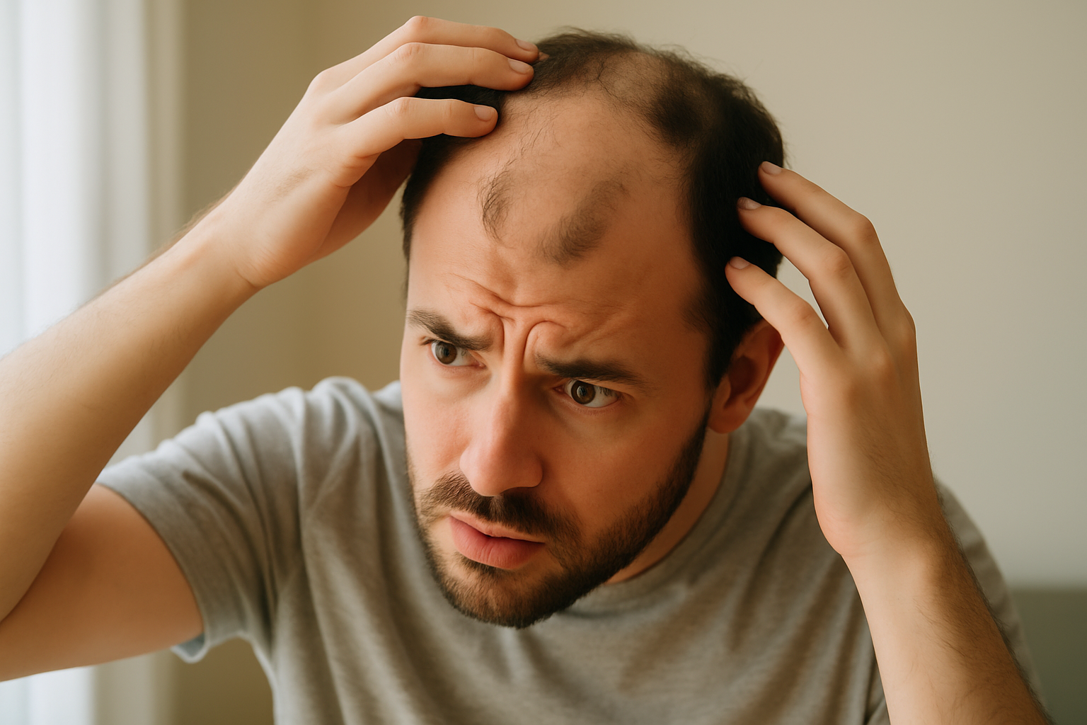 A person inspecting their scalp showing signs of hair loss commonly associated with hair pulling disorder.