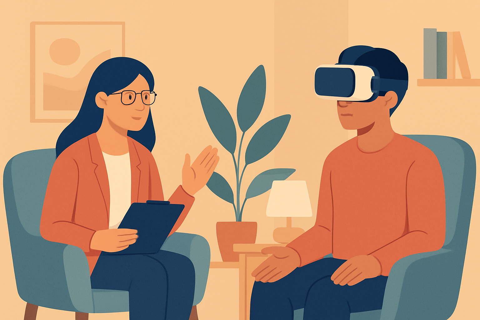 Therapist guiding a patient through immersion therapy using virtual reality to safely confront fears.